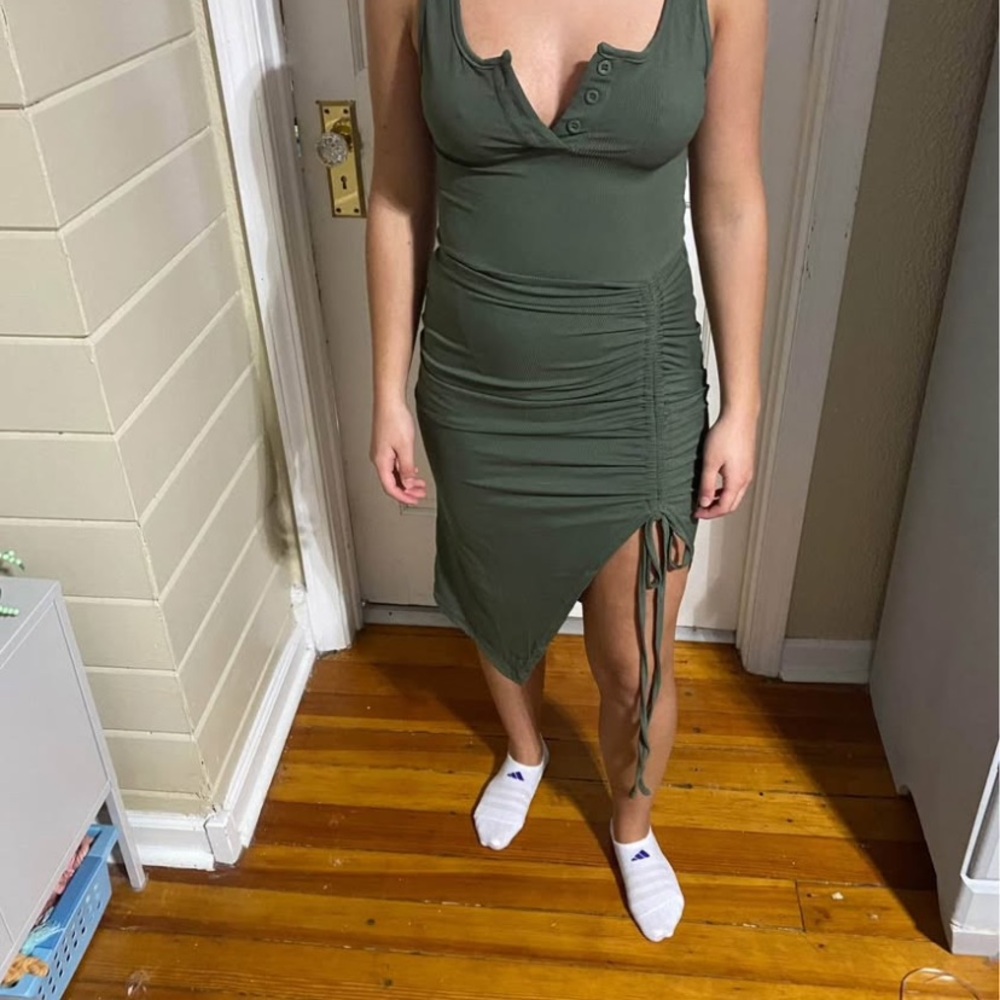 Elegant Olive Green Ruched Dress